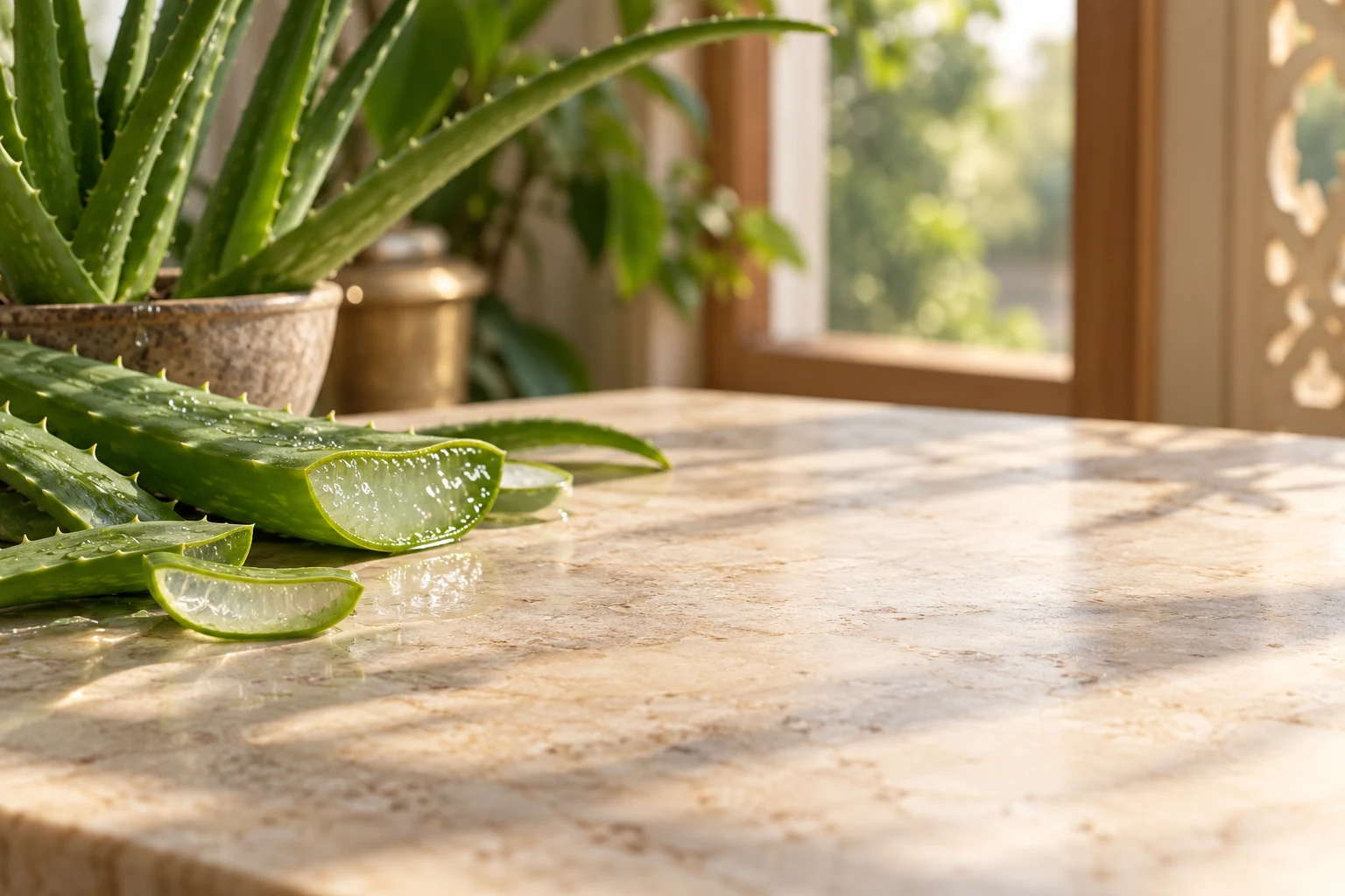 Fresh aloe vera leaves on a sunlit stone surface