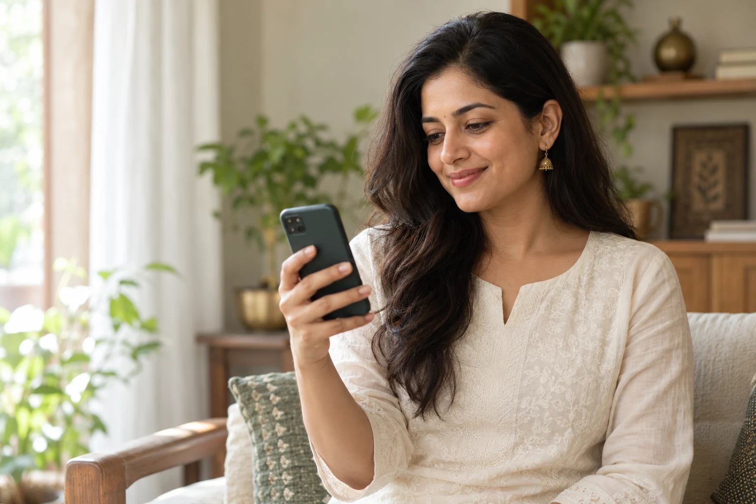 Lifestyle image of a woman browsing on her phone at home