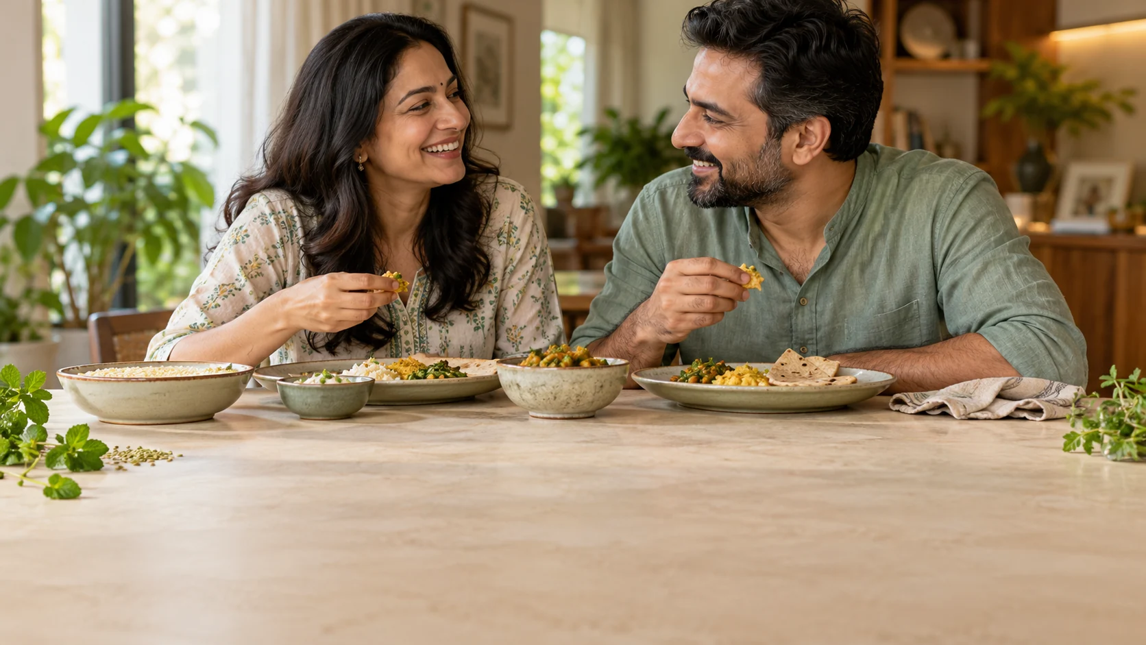 Indian couple sharing a relaxed meal at home