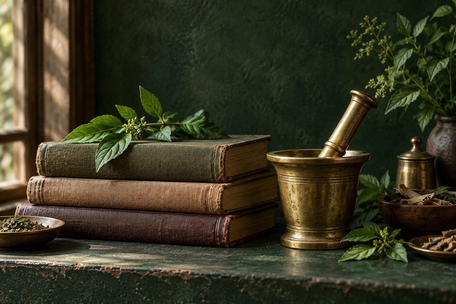 Conceptual still life of books, brassware and botanicals