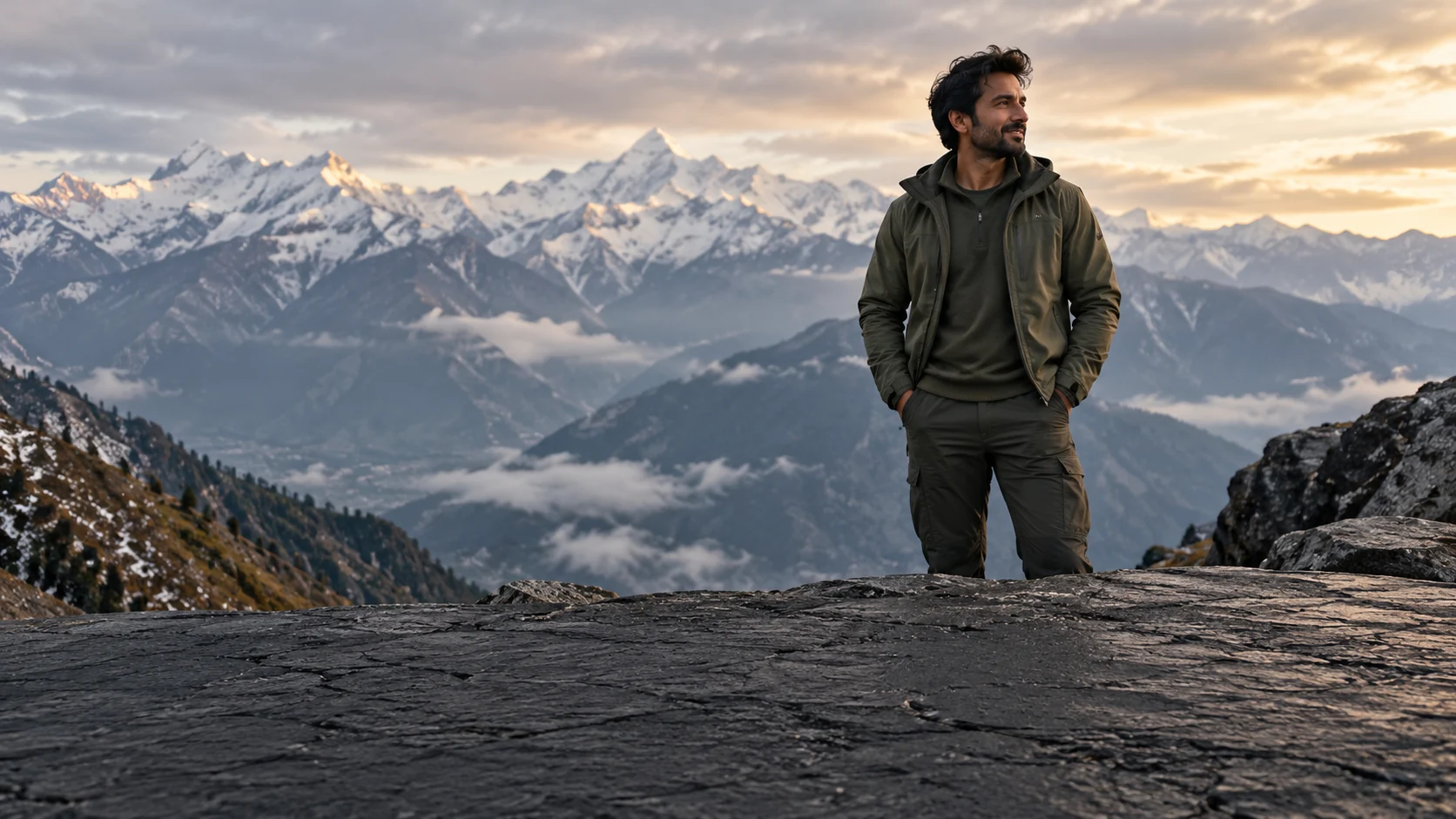 Indian man standing at a Himalayan mountain overlook